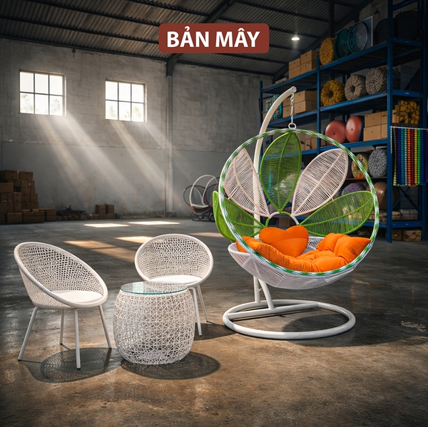 Bàn Ghế Mây Nhựa Ngoài Trời, Xích Đu Cánh Hoa Phối Cảnh Sáng Màu Cho Góc Sân Vườn Và Ban Công