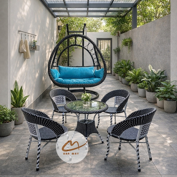 Bộ xích đu bàn ghế ban công, sân vườn, nội thất mây nhựa ngoài trời ngồi thư giãn, decor trang trí nhà cửa