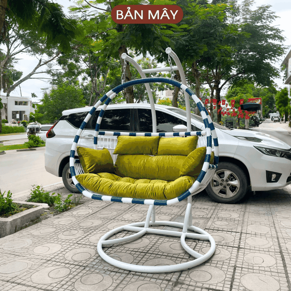 Xích đu cần kép mix trắng xanh đệm oliu