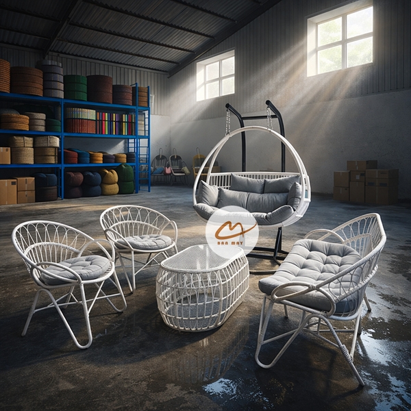 Xích đu ngoài trời, bộ bàn ghế ban công nội thất Bản Mây khung thép đan mây nhựa họa tiết đuôi công mềm mại, tinh tế