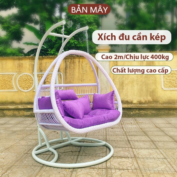 Xích đu cần kép lồng trắng đệm tím