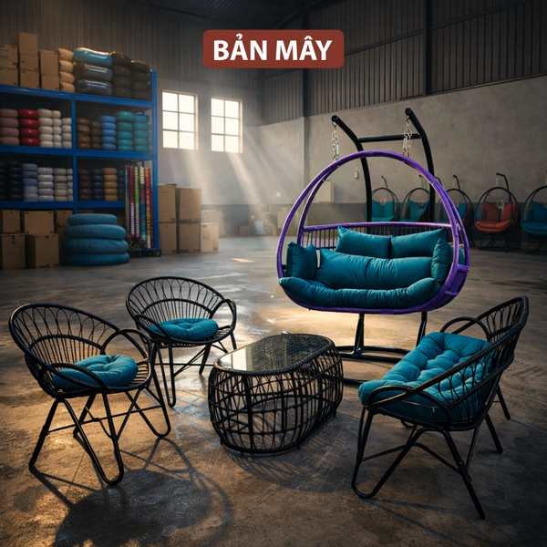 Xích đu ngoài trời, bộ bàn ghế ban công nội thất Bản Mây khung thép đan mây nhựa họa tiết đuôi công mềm mại, tinh tế