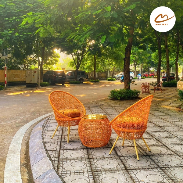 Bộ bàn ghế mây nhựa khung thép, bàn ghế putin đan rối nội thất Bản Mây chịu nắng mưa, trang trí ban công, sân vườn