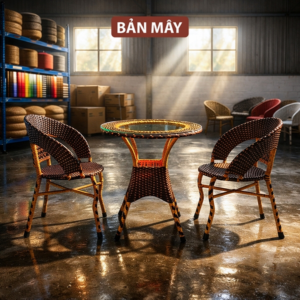 Bàn ghế ngoài trời, bàn ghế mây nhựa khung thép nội thất Bản Mây thiết kế dáng chân quỳ sang trọng, decor ban công sân vườn