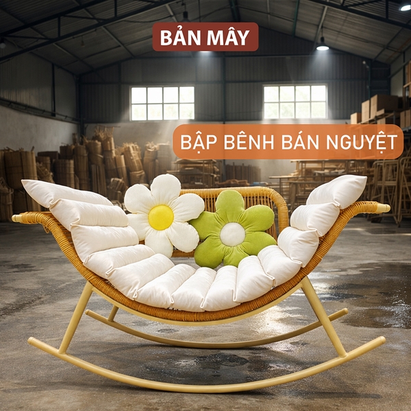 Ghế bập bênh bán nguyệt, ghế bập bênh thư giãn Bản Mây khung thép mây nhựa decor ban công, sân vườn