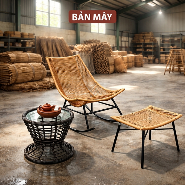Ghế bập bênh mây nhựa, bộ bàn trà nội thất sân vườn Bản Mây thủ công, chịu nắng, chịu mưa