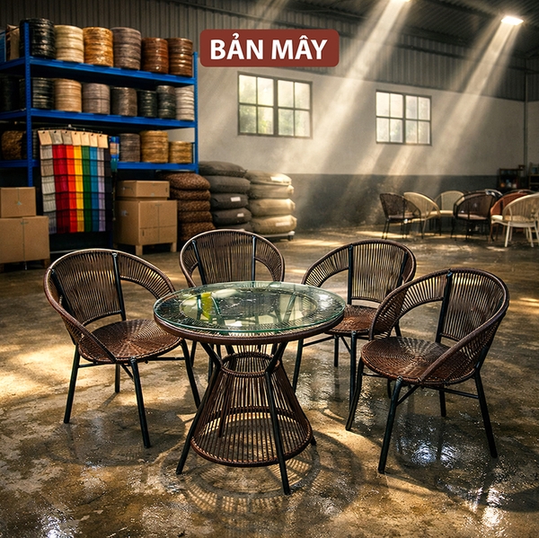Bộ bàn ghế chân quỳ, bộ bàn ghế mây nhựa khung thép chống gỉ nội thất Bản Mây trang trí ban công, sân vườn