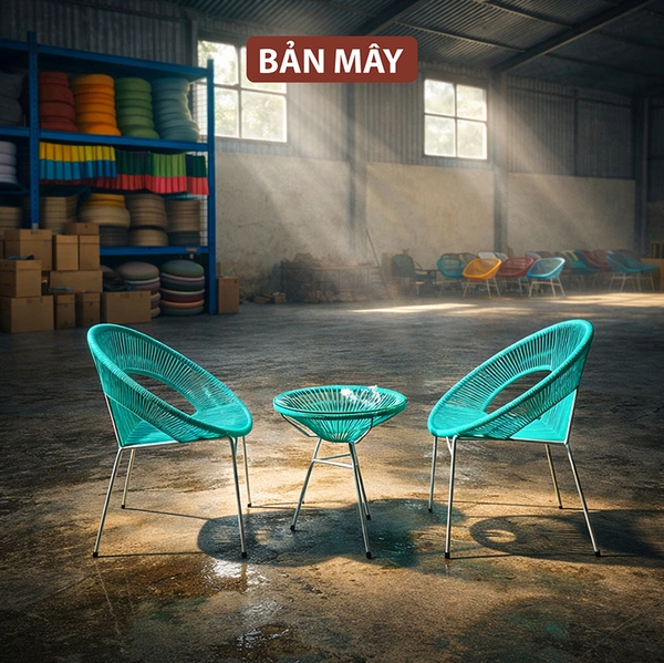 Bộ bàn ghế Acapulco màu xanh, bộ bàn ghế ban công nội thất Bản Mây khung thép mây nhựa trang trí ban công sân vườn