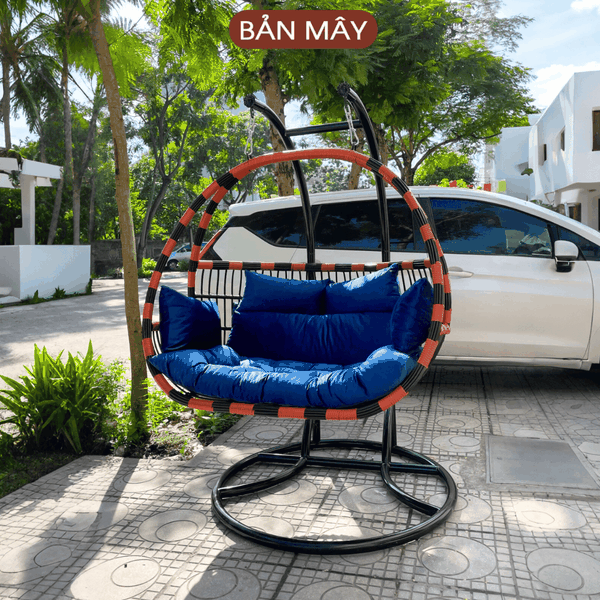 Xích đu cần kép đen nâu đệm xanh coban