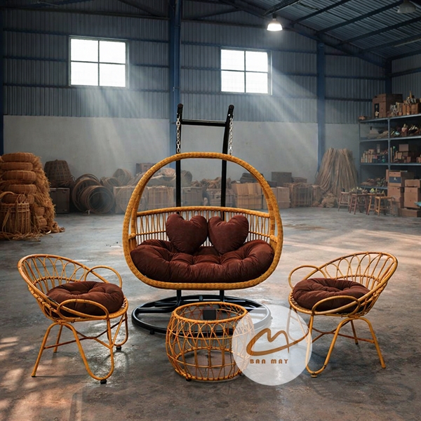 Bộ Bàn Ghế Xích Đu Mây Nhựa Ngoài Trời – Combo 3 Chỗ Ngồi Đồng Bộ Cho Góc Tiếp Khách Thư Giãn