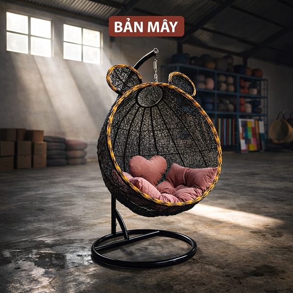 Ghế Xích Đu Tai Gấu Tròn – Nghệ Thuật Đan Mây Nhựa Thủ Công Tinh Tế