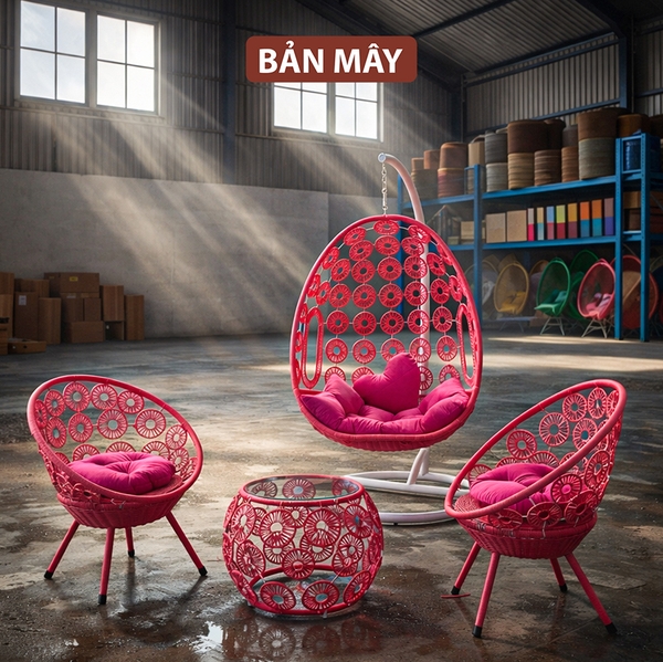 Xích đu mây nhựa khung thép, bộ bàn ghế ngoài trời nội thất Bản Mây họa tiết hoa cúc, đồng xu cao cấp