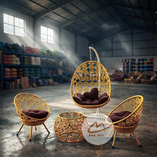 Xích đu mây nhựa khung thép, bộ bàn ghế ngoài trời nội thất Bản Mây họa tiết hoa cúc, đồng xu cao cấp