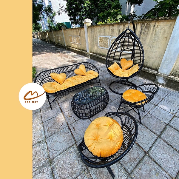 Bộ Bàn Ghế Mây Nhựa Xích Đu Tổ Chim, Decor Ban Công Sân Vườn Chịu Nắng Mưa