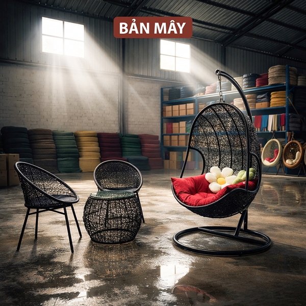 Bộ Bàn Ghế Mây Nhựa Xích Đu Lưng Tôm, Thiết Kế Độc Đáo, Bền Bỉ Cho Không Gian Thư Giãn