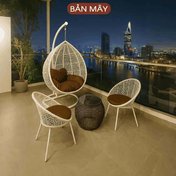 Bộ bàn ghế xích đu trắng đệm nâu