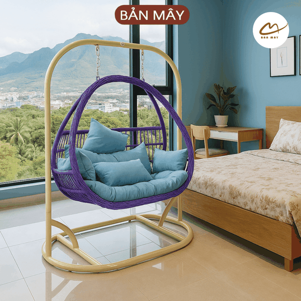 Xích đu phượng hoàng đôi lồng tím đệm xanh