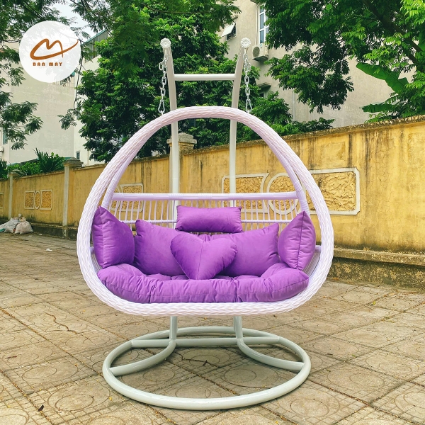 Xích Đu Mây Nhựa Thư Giãn Bản Mây, Thiết Kế Vảy Rồng Trắng Đệm Tím