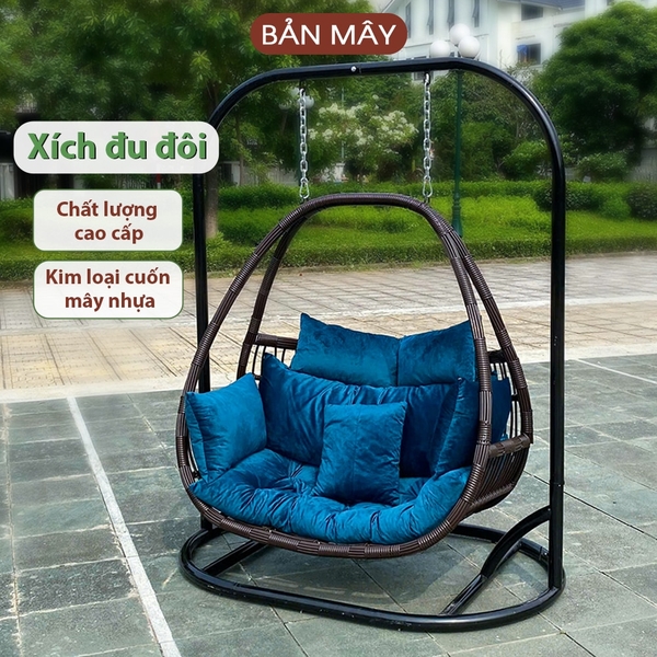 Xích đu đôi cần bầu dục lồng nâu đệm xanh