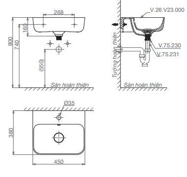 Chậu treo tường Mekong và chân Viglacera V23