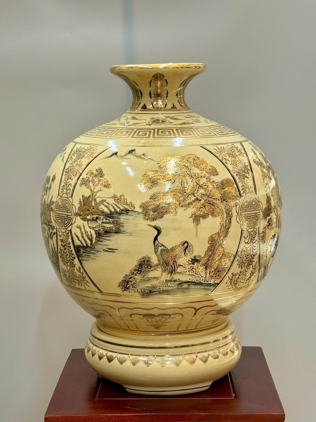 Bình Hút Lộc Tứ Cảnh Sơn Thuỷ Cao 42cm Gốm Chu Đậu Vẽ Vàng