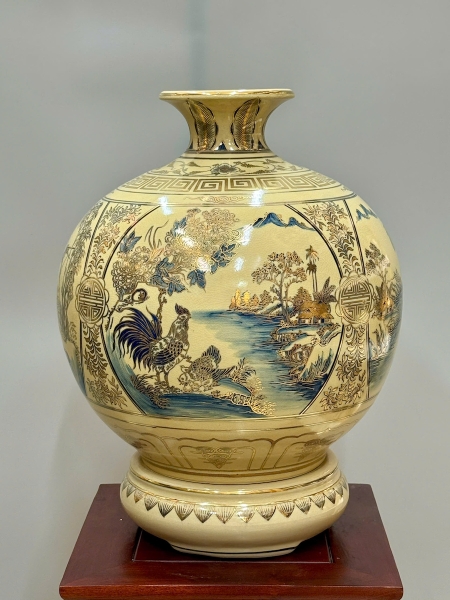 Bình Hút Lộc Tứ Cảnh Sơn Thuỷ Xanh CoBan Cao 42cm Gốm Vẽ Vàng