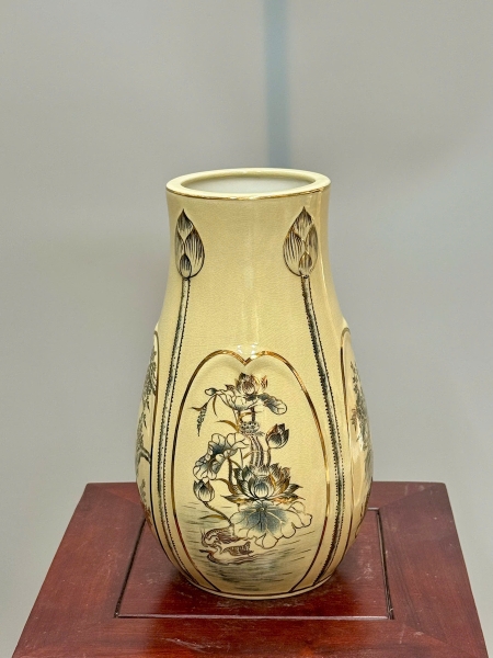 Bình Hoa Búp Sen Tứ Cảnh Cao 28cm Gốm Chu Đậu Vẽ Vàng