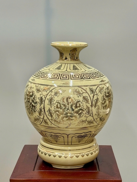 Bình Hút Lộc Hoa Phù Dung Cao 36cm Gốm Chu Đậu Vẽ Vàng