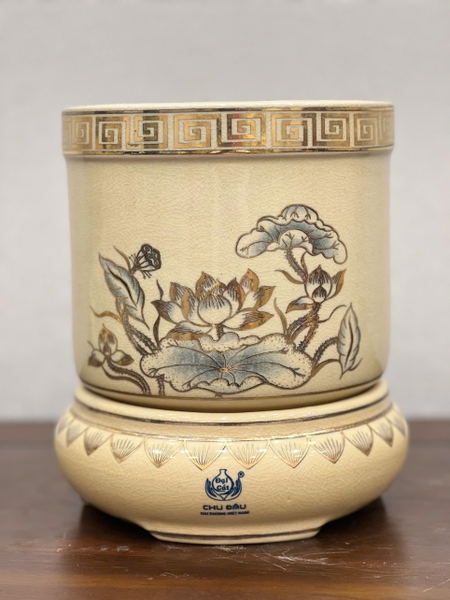 Bát Hương F20 Hoạ Tiết Hoa Sen Vẽ Vàng 24K