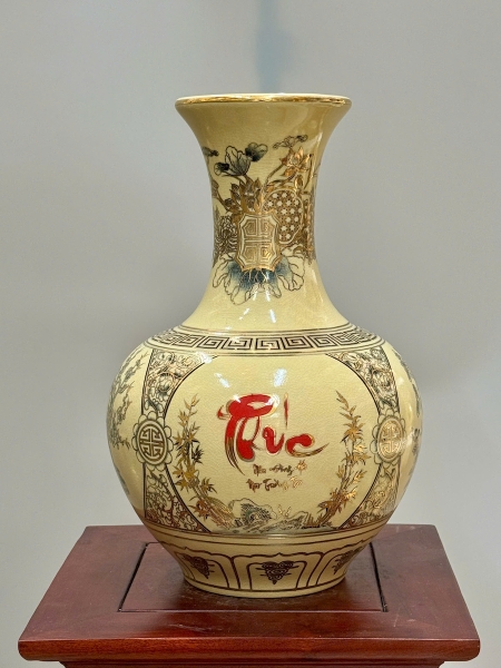 Bình Phú Quý Tứ Cảnh Chữ Phúc Cao 35cm Gốm Chu Đậu Vẽ Vàng