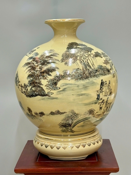 Bình Hút Lộc Vình Quy Bái Tổ Cao 42cm Gốm Chu Đậu Vẽ Vàng