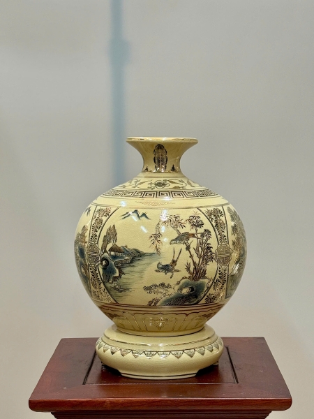 Bình Hút Lộc Tứ Cảnh Sơn Thuỷ Cao 29cm Gốm Chu Đậu Vẽ Vàng