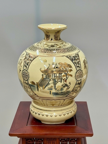 Bình Hút Lộc Tứ Cảnh Hà Nội Cao 36cm Gốm Chu Đậu Vẽ Vàng