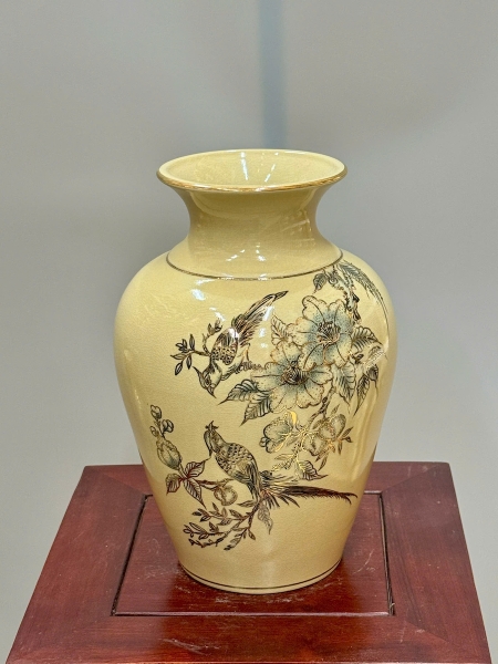 Bình Thiên Hương Cao 28cm Chim Hoa Lựu Gốm Chu Đậu Vẽ Vàng