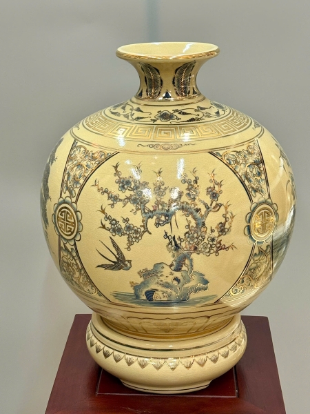 Bình Tài Lộc Tứ Cảnh Bốn Mùa Xanh Coban Cao 42cm Gốm Chu Đậu Vẽ Vàng