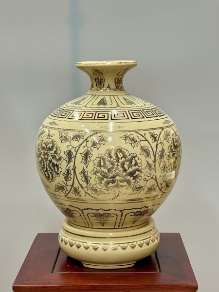 Bình Hút Lộc Hoa Phù Dung Cao 36cm Gốm Chu Đậu Vẽ Vàng