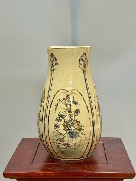 Bình Hoa Búp Sen Tứ Cảnh Cao 28cm Gốm Chu Đậu Vẽ Vàng