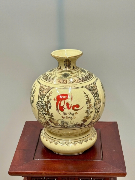 Bình Hút Lộc Tứ Cảnh Chữ Phúc Cao 27cm Gốm Chu Đậu Vẽ Vàng