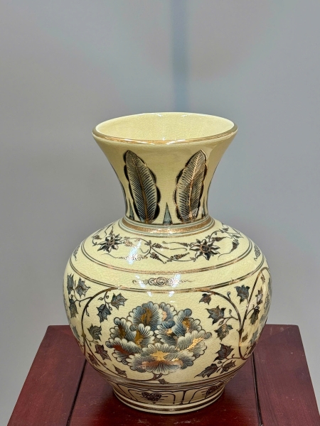 Bình Trường Phúc Hoa Phù Dung Cao 28cm Gốm Chu Đậu Vẽ Vàng