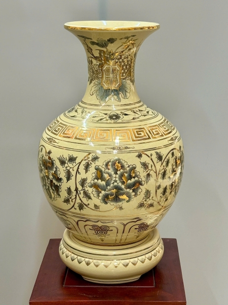 Bình Phú Quý Hoạ Tiết Phù Dung Cao 52cm Gốm Chu Đậu Vẽ Vàng