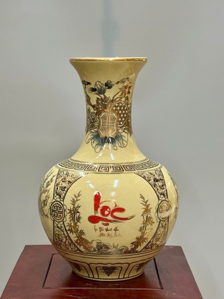 Bình Phú Quý Tứ Cảnh Chữ Phúc Cao 35cm Gốm Chu Đậu Vẽ Vàng
