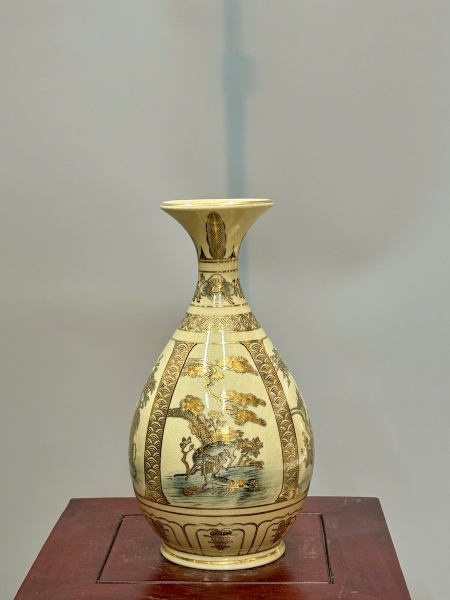 Bình Tỳ Bà Tứ Cảnh Cao 28cm Gốm Chu Đậu Vẽ Vàng