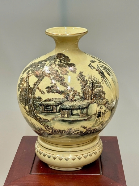 Bình Hút Lộc Sơn Thuỷ Hữu Tình Cao 36cm Gốm Chu Đậu Vẽ Vàng