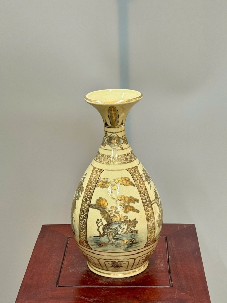 Bình Tỳ Bà Tứ Cảnh Cao 28cm Gốm Chu Đậu Vẽ Vàng