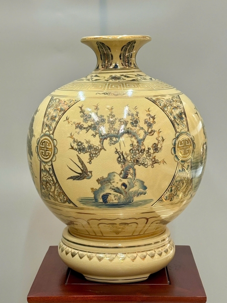 Bình Tài Lộc Tứ Cảnh Bốn Mùa Xanh Coban Cao 42cm Gốm Chu Đậu Vẽ Vàng