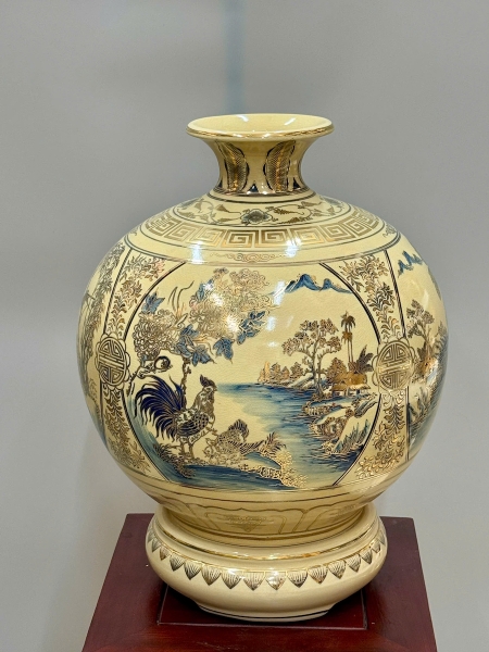 Bình Hút Lộc Tứ Cảnh Sơn Thuỷ Xanh CoBan Cao 42cm Gốm Vẽ Vàng