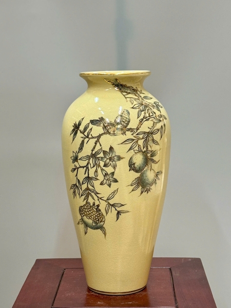 Bình Hoa Như Ý Chim Đào Cao 35cm Gốm Chu Đậu Vẽ Vàng