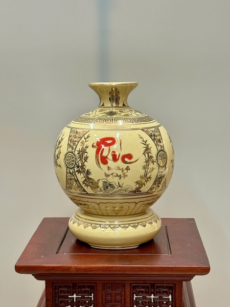 Bình Hút Lộc Tứ Cảnh Chữ Phúc Cao 27cm Gốm Chu Đậu Vẽ Vàng