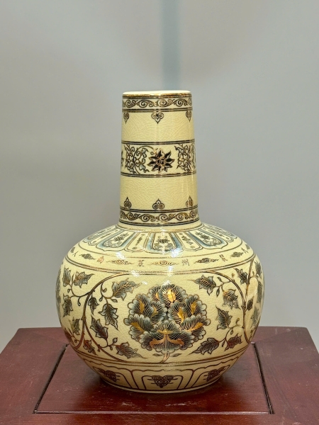 Bình Hoa Lam Cao 24cm Gốm Chu Đậu Vẽ Vàng