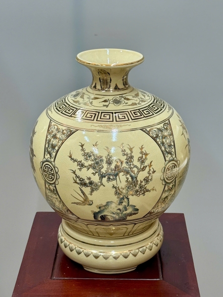 Bình Hút Lộc Tứ Cảnh Bốn Mùa Cao 36cm Gốm Chu Đậu Vẽ Vàng